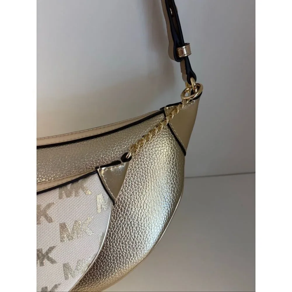 NWT Michael Kors Hollis 2 in 1 Metallic Leather Logo Jaquard Shoulder Bag.